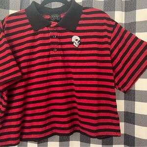 Red and Black Striped Oversized Polo with Skull